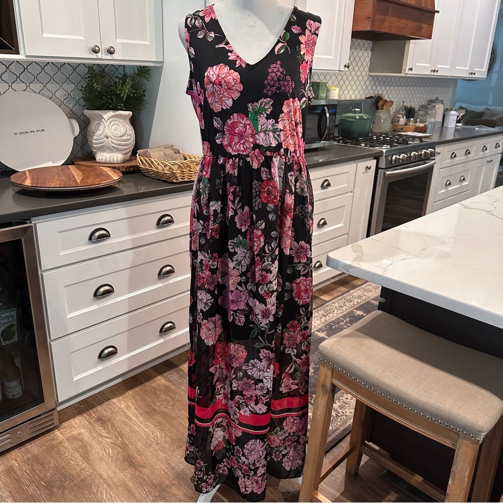 Eci NY Womens Floral Mixed Media Sleeveless Floral Maxi Dress M Black Pink Sheer